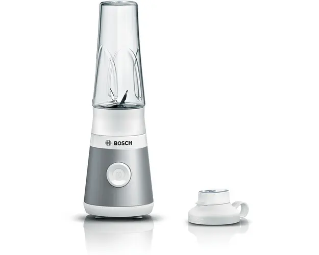 Blender de masa Bosch VitaPower Serie 2 MMB2111T, 450 W, Sticla ToGo din Tritan, 0.65 L, Cutit ProEdge, 1 viteza, Argintiu/alb