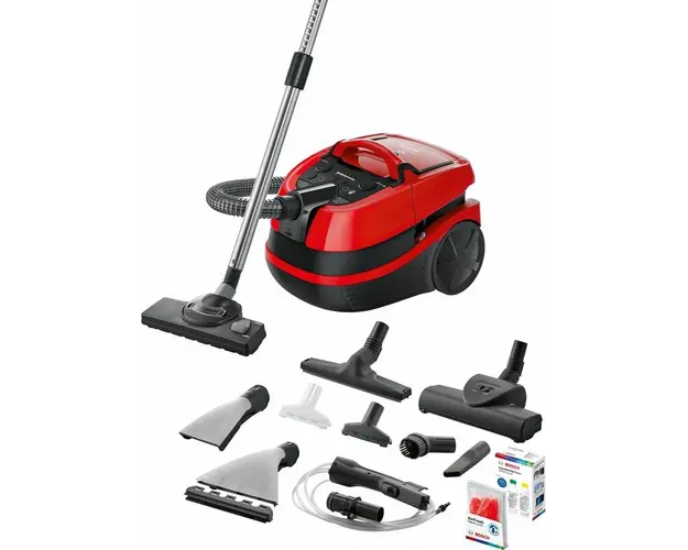 Aspirator cu spalare Bosch Aqua WashClean BWD421PET, 2100 W, sac 2.5 l, recipient apa 5 l, filtru Hepa H13, perie turbo, rosu