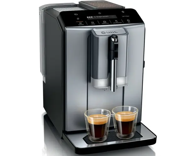 Espressor automat Bosch VeroCafe TIE20504, 15 bari, 1,4 l, rasnita ceramica, dispozitiv spumare lapte MilkMagic Pro, cu sistem SensoFlow, Argintiu