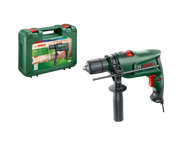 Masina de gaurit si insurubat (bormasina) Bosch EasyImpact 600, 600 W, 3000 RPM, 45.000 percutii/min, 15 Nm, 25 mm diametru maxim gaurire, limitator reglare adancime, maner suplimentar, valiza profesionala