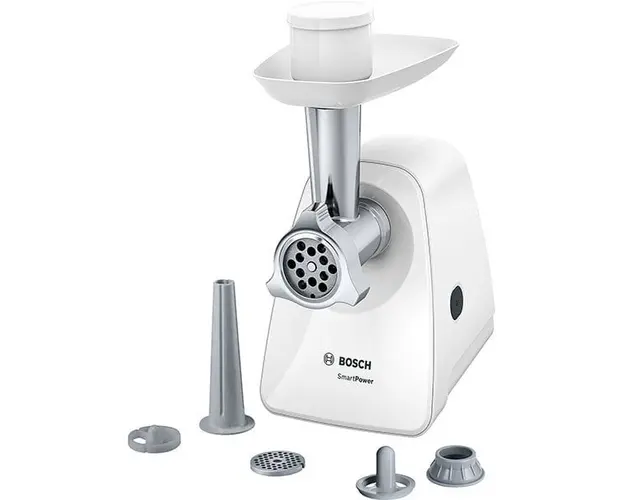 Masina de tocat carne Bosch SmartPower MFW2520W, 1.7 kg/min, 350 W, accesoriu carnati/kebbe, alb
