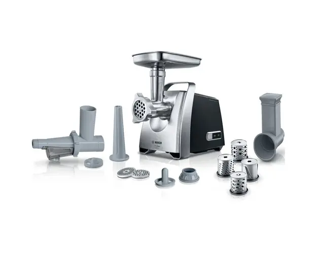 Masina de tocat MFW68660, 2200W, 4.3 kg/min, 3 site, storcator rosii, accesoriu Kebbe, palnie carnati, 4 discuri razuire/feliere, negru/inox