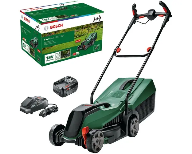 Masina de tuns gazon/iarba pe acumulator Bosch CityMower 18V-32-300, 18 V 4.0 Ah, 32 cm latime lucru, cos colectare 31 L, inaltime taiere 30-60 mm, contine: acumulator 18V 4.0 Ah + incarcator