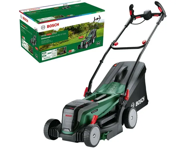 Masina de tuns gazon/iarba pe acumulator Bosch UniversalRotak 2x18V-37-550, 2x18 V, 37 cm latime lucru, inaltime de taiere 25-70 mm , 5 trepte de taiere sac colector 40 L, fara acumulator si incarcator in setul de livrare