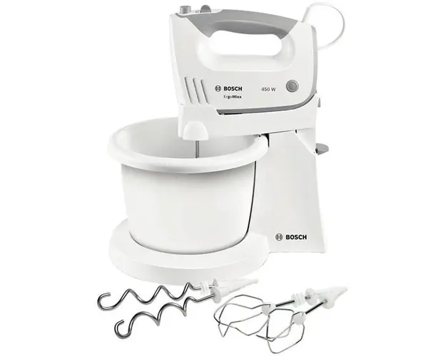 Mixer cu bol Bosch Ergomixx MFQ36490, 450 W, 5 trepte de viteza+turbo, 2 spirale, 2 teluri, Minitocator, Vas gradat, Picior blender Alb/Gri