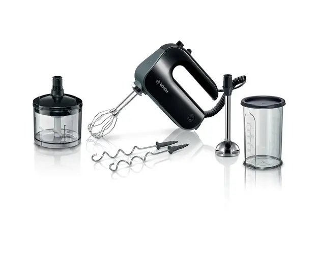 Mixer de mana Bosch MFQ4980B, 850 W, 5 trepte de putere + functie turbo, Chopper, Vas gradat, 2 teluri din otel inoxidabil, 2 spirale din otel inoxidabil, Negru