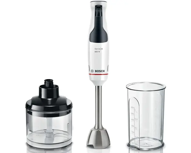 Mixer vertical Bosch ErgoMaster MSM4W220, 600 W, minitocator,vas gradat, cutit QuattroBlade System cu 4 laturi, negru/argintiu