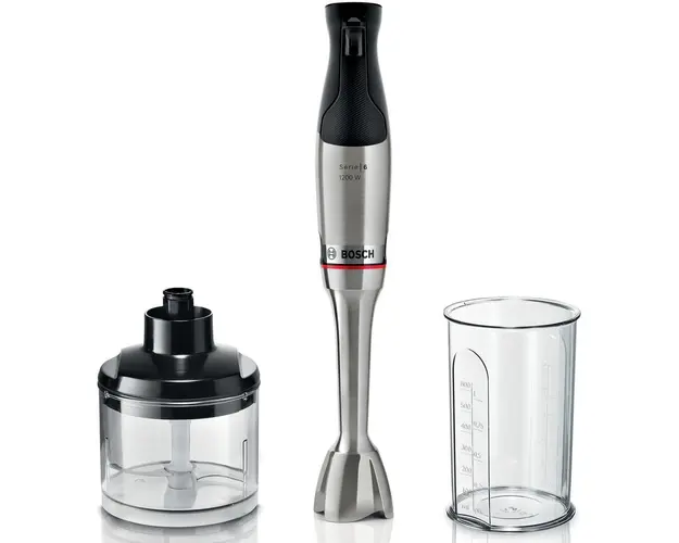 Mixer vertical Bosch ErgoMaster MSM6M820, 1200 W, Inox, minitocator, vas gradat, cutit QuattroBlade System Pro lama rotativa cu 4 laturi, negru/argintiu