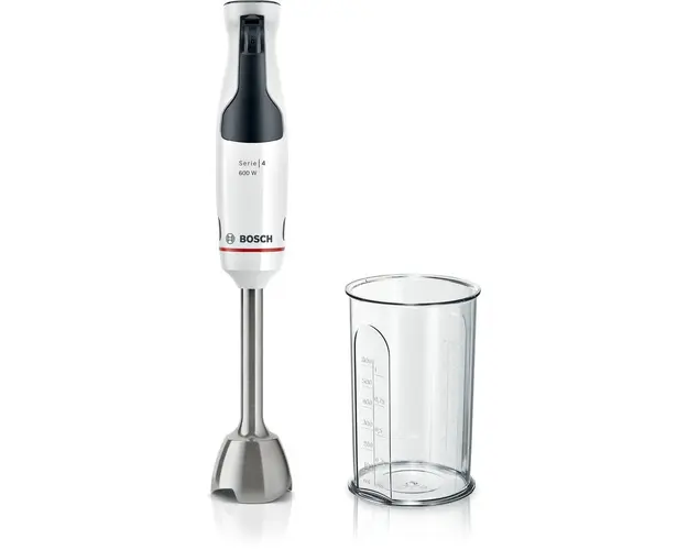 Mixer vertical ErgoMaster MSM4W210, 600 W, cutit 4 lame si functie antisplash, cuplaj ceramic, picior mixare inoxidabil, pahar de masurare, Alb/ negru grey
