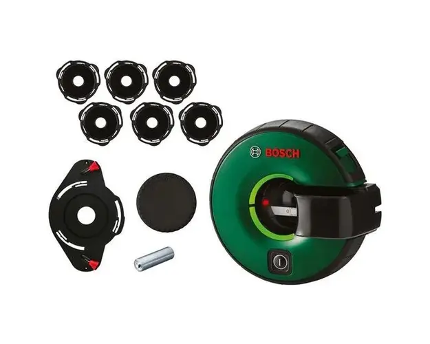 Nivela laser cu linii Bosch Atino 0603663A01, 630-650 nm dioda laser, 0.3 autonivelare, +/-2 mm/m precizie, 2 m domeniu lucru, 1 x 1,5 V LR6 (AA), 6 paduri cu gel, capac de protecţie pentru padul cu gel, 2 stifturi