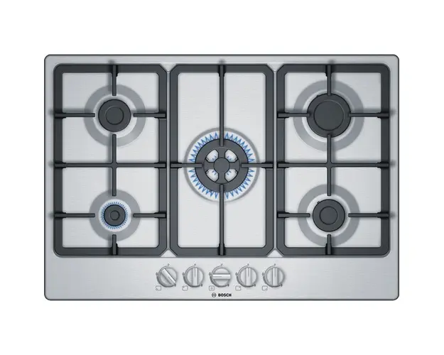 Plita incorporabila Bosch Serie 4 PGQ7B5B90, 5 arzatoare, gaz, aprindere electrica, gratare fonta, WOK, inox