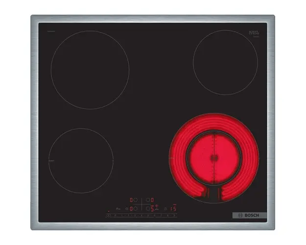 Plita incorporabila Bosch PKF645FP3E, Electrica, 4 zone de gatit, Control DirectSelect, 17 trepte de putere, Blocare acces copii, 60 cm, Negru