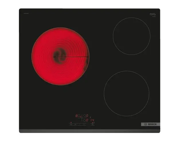 Plita incorporabila Bosch PKM631BB2E, Vitroceramica, 3 zone de gatit, TouchSelect, ReStart, Temporizator, HighSpeed, 60 cm, Negru