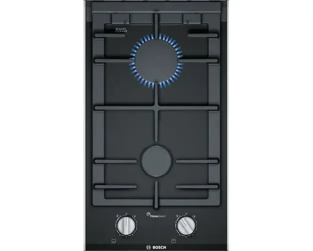 Plita incorporabila Bosch PRB3A6D70, Gaz, 2 arzatoare, Gratar fonta, Negru