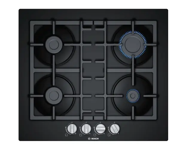 Plita incorporabila Bosch Serie 4 PNP6B6B90, 4 arzatoare, gaz, aprindere electrica, gratare fonta, negru