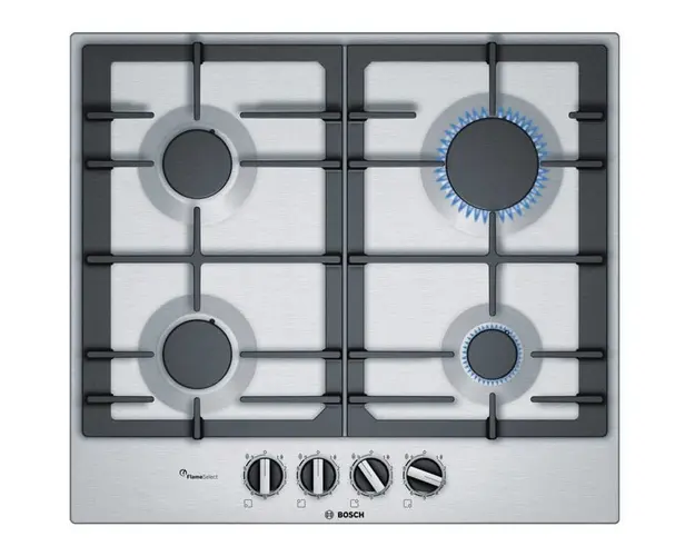 Plita incorporabila pe gaz PCP6A5B90, 4 arzatoare, suporturi din fonta, aprindere electrica, inox