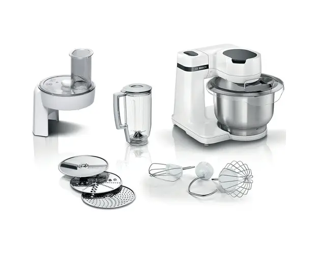 Robot de bucatarie Bosch MUMS2EW20, 700 W, 4 trepte de viteza, Bol otel inoxidabil de 3.8l, mixare planetara, set patiserie, 3 discuri feliere/razuire, blender, Alb