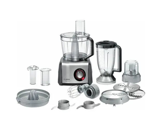 Robot de bucatarie multifunctional Bosch MC812M844, 1250 W, 50 de functii, indicator LED, bol 3.9 l, blender 1.5 l, discuri inox, storcator, negru/inox