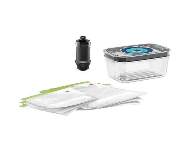 Set accesorii blender de mana ErgoMixx Bosch cu vacuum: pompa vacuum, casoleta pt vacuumare, 3 pungi mici si 3 pungi mari vacuum