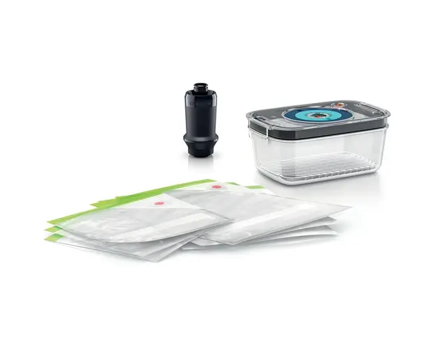 Set accesorii blender de mana MaxoMixx Bosch cu vacuum: pompa pentru vidare, o caserola (1,2l) si pungi pentru vidare (3 de cate 1,2l si 3 de 3,8l)