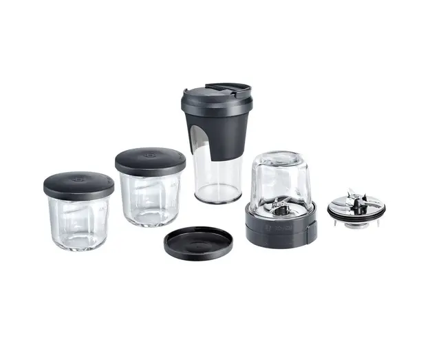 Set de accesorii format din: rasinita, chopper, cu capace pentru depozitare si sticla ToGo compatibil cu robotii de bucatarie MUM5 Bosch