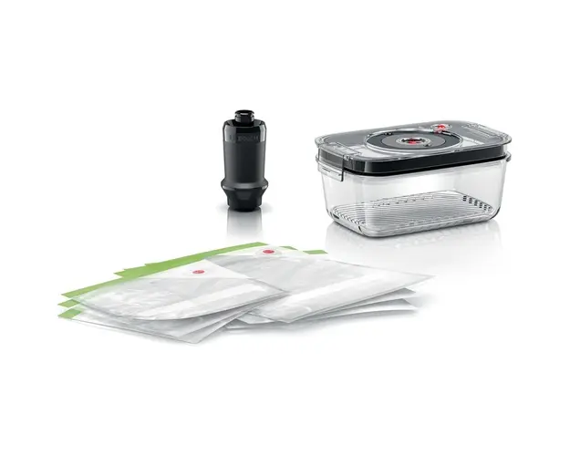Set depozitare vacuum Bosch: casoleta sticla, pompa vidare, 3 pungi mici si 3 pungi mari