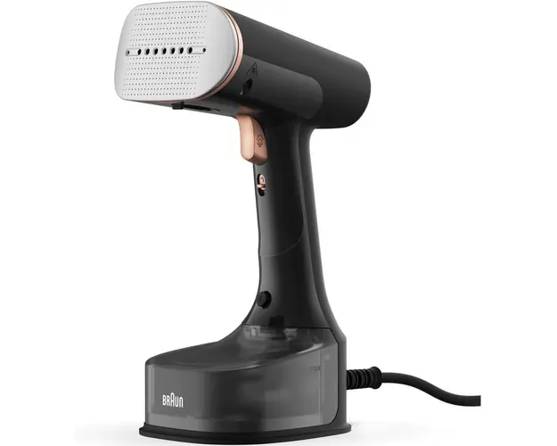 Aparat de calcat vertical cu abur Braun S7077BK 0X13810102, 1600W, abur variabil 35 g/min, rezervor detasabil 250 ml, sistem ActiClean Easy, talpa ceramica Dual FreeGlide 3D, incalzire rapida 35 sec, perie pentru tesaturi groase, Negru