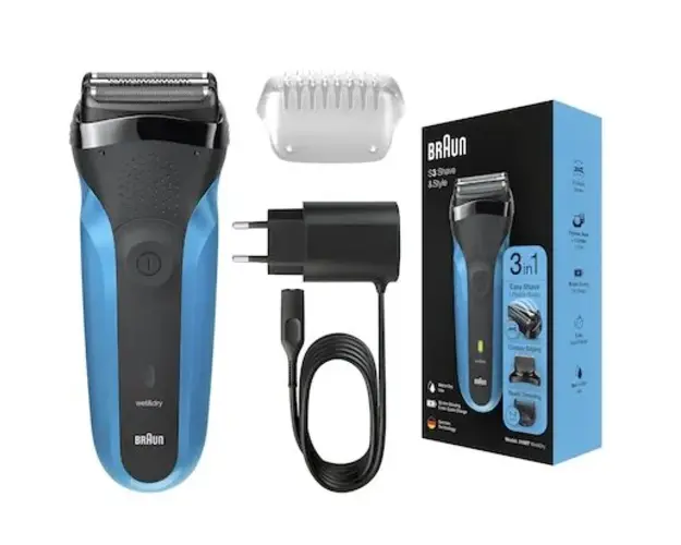 Aparat de ras electric Braun Series 3 310BT ProSkin Wet&amp;Dry, MicroComb, cap de tuns, 5 piepteni, Negru/Albastru