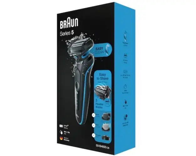 Aparat de ras electric Braun Series 5 50-B4650cs Wet&amp;Dry, EasyClean, 3 elemente de taiere, accesorii pentru barba si ingrijire corporala, Statie de incarcare, Negru/Albastru