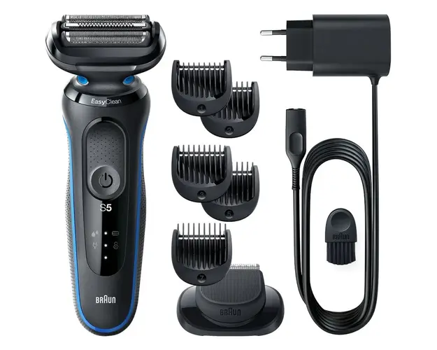 Aparat de ras electric Braun Series 5 51-B1500s Wet&amp;Dry, AutoSense, Easy Clean, Easy Click, 3 elemente de taiere, accesorii pentru barba, Albastru/Negru
