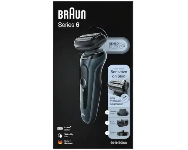 Aparat de ras electric Braun Series 6 60-N4500cs, Wet&amp;Dry, 3 accesorii, Statie de incarcare, Trusa de voiaj, Negru