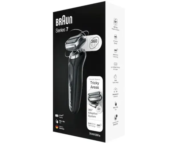 Aparat de ras electric Braun Series 7 70-N1000s, Wet&amp;Dry, 360 Flex, AutoSense Technology, Trusa de voiaj, Negru