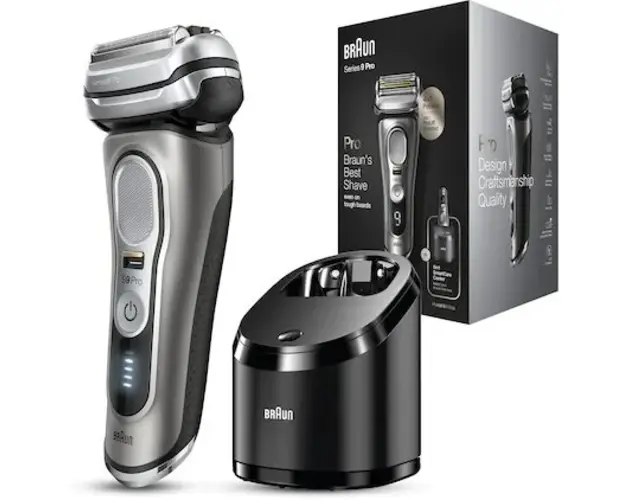 Aparat de ras electric Braun Series 9 Pro 9465cc Wet&amp;Dry, 40.000 de actiuni de taiere, 5 elemente de taiere, Prolift Trimmer, SensoFlex, AutoSense, Statie de incarcare si curatare, Argintiu