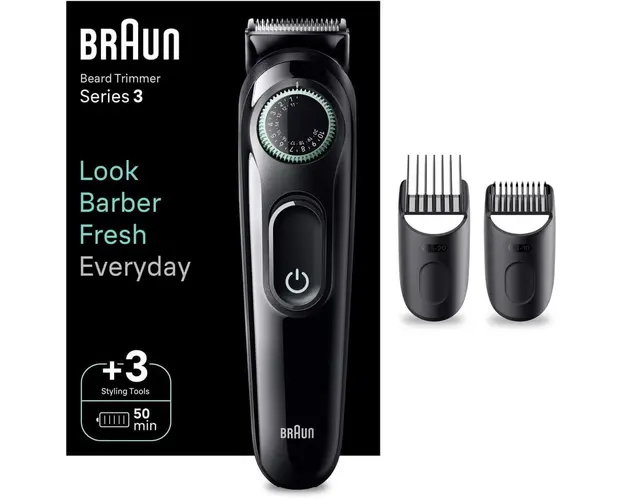 Aparat de tuns barba Braun Beard Trimmer BT3411, Wet&amp;Dry, buton rotativ de precizie, 40 de setari pentru lungime, 2 piepteni, autonomie 50 minute, Negru/Verde