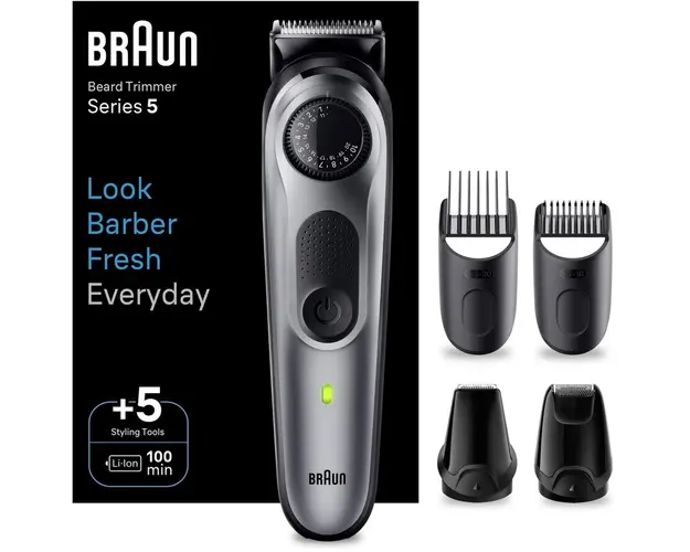 Aparat de tuns barba Braun Beard Trimmer BT5440, Wet&amp;Dry, buton rotativ de precizie, 40 de setari pentru lungime, 1 mini-aparat de ras, 2 capete de tundere, 3 piepteni, autonomie 100 minute, Negru/Gri