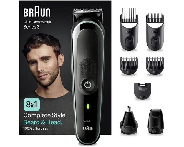 Aparat de tuns multifunctional Braun MGK3441, Wet&amp;Dry, 8-in-1, 5 piepteni, 1 capat, 1 mini aparat de ras, autonomie 80 minute, Saculet de voiaj, Negru