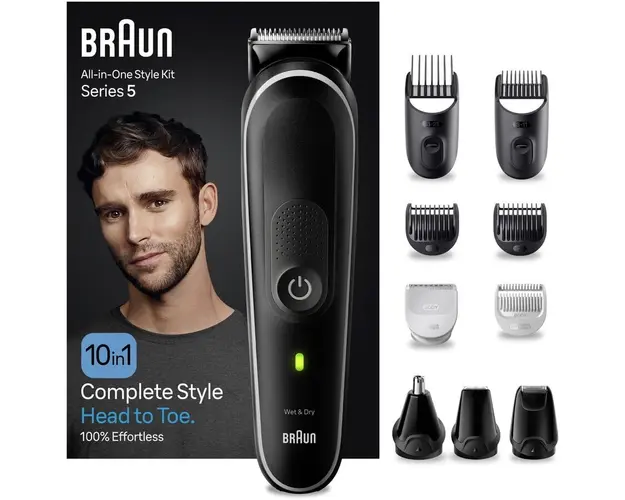 Aparat de tuns multifunctional Braun MGK5440, Wet&amp;Dry, 10-in-1, 2 piepteni ficsi, 3 piepteni, 1 capat, 1 mini aparat de ras, autonomie 100 minute, Saculet de voiaj, Negru/Gri
