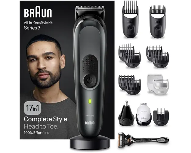 Aparat de tuns multifunctional Braun MGK7491, Wet&amp;Dry, AutoSense, ProBlade, 17-in-1, 2 piepteni ficsi, 6 piepteni, 2 capete, 1 aparat de ras Gillette, autonomie 100 minute, Suport de incarcare, Organizator, Gri