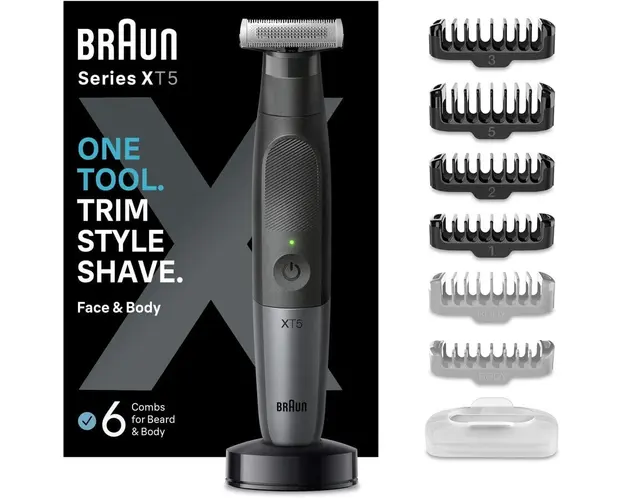 Aparat hibrid de barbierit si tuns barba Braun Series X XT5300 Wet&amp;Dry, Lama 4D, 6 piepteni, 1 capac de protectie, autonomie 45 minute, Husa ,Suport de incarcare, Negru