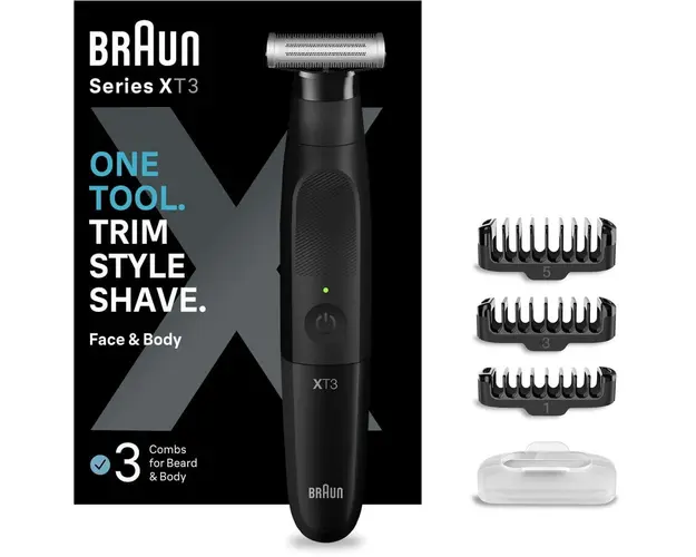 Aparat hibrid de barbierit si tuns pentru barbati Braun Series X XT3100 Wet&amp;Dry, lama 4D, 3 piepteni, 1 capac, husa, Negru