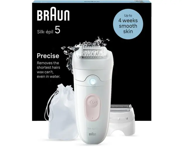 Epilator Braun Silk-épil 5 5-030 Wet &amp; Dry, MicroGrip, Smart Light, 28 de pensete, 2 viteze, Cap de ras + Pieptene, Saculet de voiaj, Alb/Flamingo