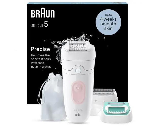Epilator Braun Silk-épil 5 5-050 Wet &amp; Dry, MicroGrip, Smart Light, 28 de pensete, 2 viteze, Cap de ras + Pieptene, Cap pentru incepatori, Saculet de voiaj, Roz