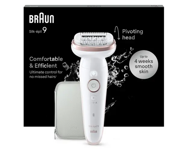 Epilator Braun Silk-épil 9 9-000 Wet &amp; Dry, MicroGrip, Smart Light, 2 viteze, 40 pensete, Geanta de voiaj, Alb/Roz