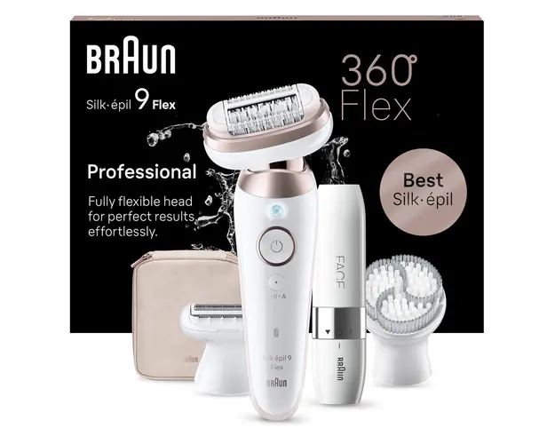 Epilator Braun Silk-épil 9 9-360 Flex 360 Wet &amp; Dry, Smart Touch, 40 de pensete, 2 viteze, Trimmer pentru fata, Cap de ras + Pieptene, Cap pentru exfoliere, Geanta de voiaj, Bronz