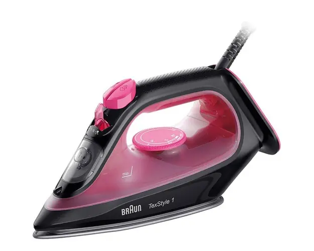 Fier de calcat Braun TexStyle 1 SI1070PU, 2000 W, abur variabil 25g/min, jet de abur 130g/min, rezervor 220 ml, talpa ceramica, sistem antipicurare, Negru/Violet
