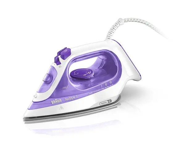 Fier de calcat Braun TexStyle 3 SI3042VI, 2350 W, abur variabil 45g/min, jet de abur 150g/min, rezervor 270 ml, tehnologie FreeGlide 3D, talpa Super Ceramic, Alb/Mov