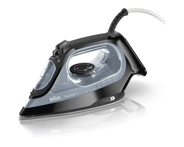Fier de calcat Braun TexStyle 3 SI3055BK, 2400 W, abur variabil 45g/min, jet de abur 180g/min, rezervor 270 ml, tehnologie FreeGlide 3D, talpa Super Ceramic, Negru