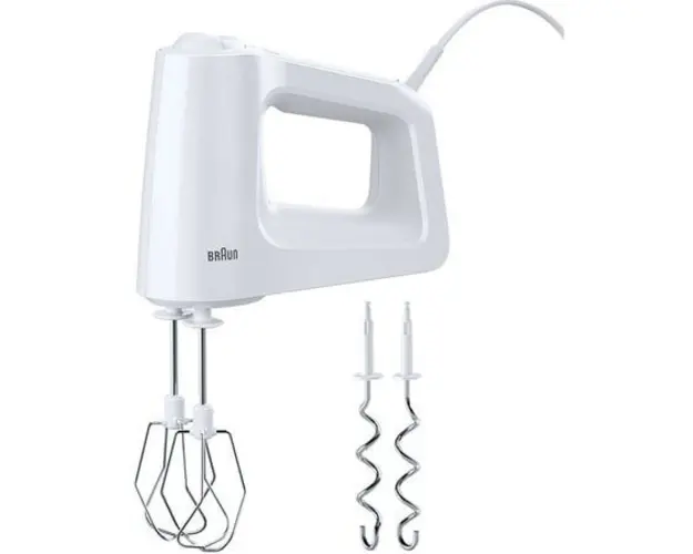 Mixer de mana Braun HM3000WH, 450 W, 5 viteze + Turbo, 2 palete, 2 carlige pentru aluat, Alb/Gri