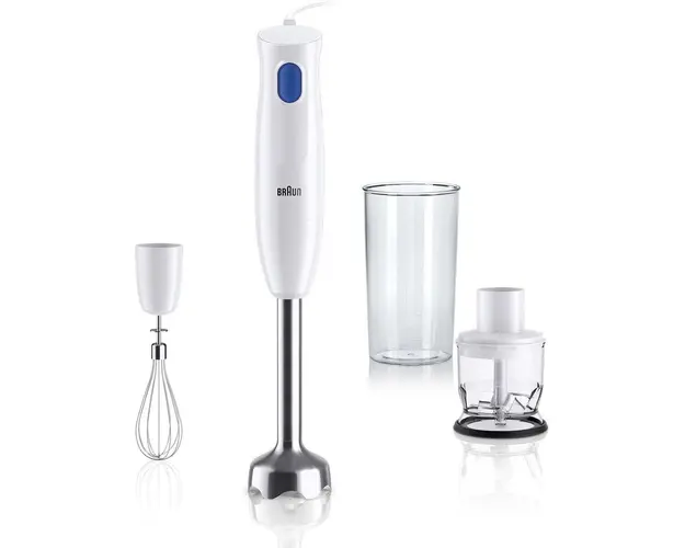 Mixer vertical Braun MQ10.202M, 450 W, 1 viteza, Pahar gradat 600ml, Tocator 350ml, Tel otel, Alb/Albastru