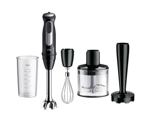 Mixer vertical Braun MQ55307M, 1000 W, 25 trepte viteza, Functie Turbo, Tocator 500 ml, Accesoriu piure, Pahar gradat 600 ml, Tel, Negru/Inox
